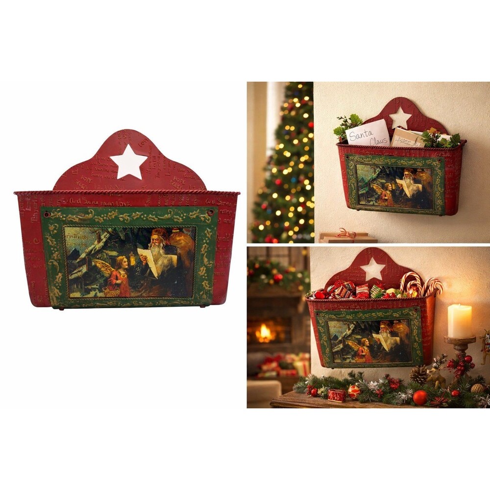 Christmas Cesta Navideña Metálica Vintage con Santa – Decoración Pared Roja con